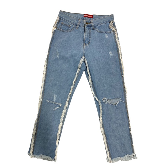 LMHX Light Wash Ripped Denim Jeans With Ruffle Side Detail - Picture 1 of 5